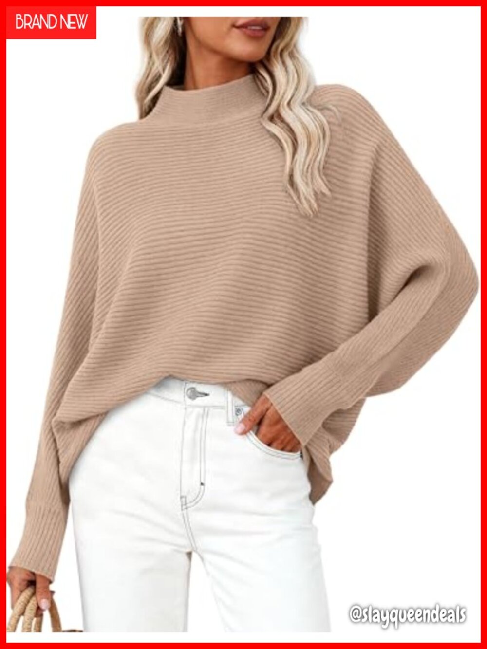 Womens Oversized Ribbed Knit Sweater Mock Neck Batwing Sleeve Pullover